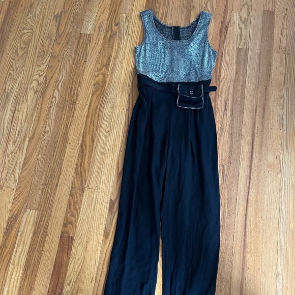 Vintage 80s John Roberts Petites Sparkle + Black Jumpsuit with Purse on Belt - S - Picture 1 of 7